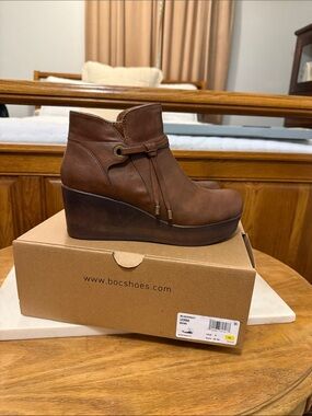 boc Brown Leather Wedge Ankle Boot with Tassel Detail